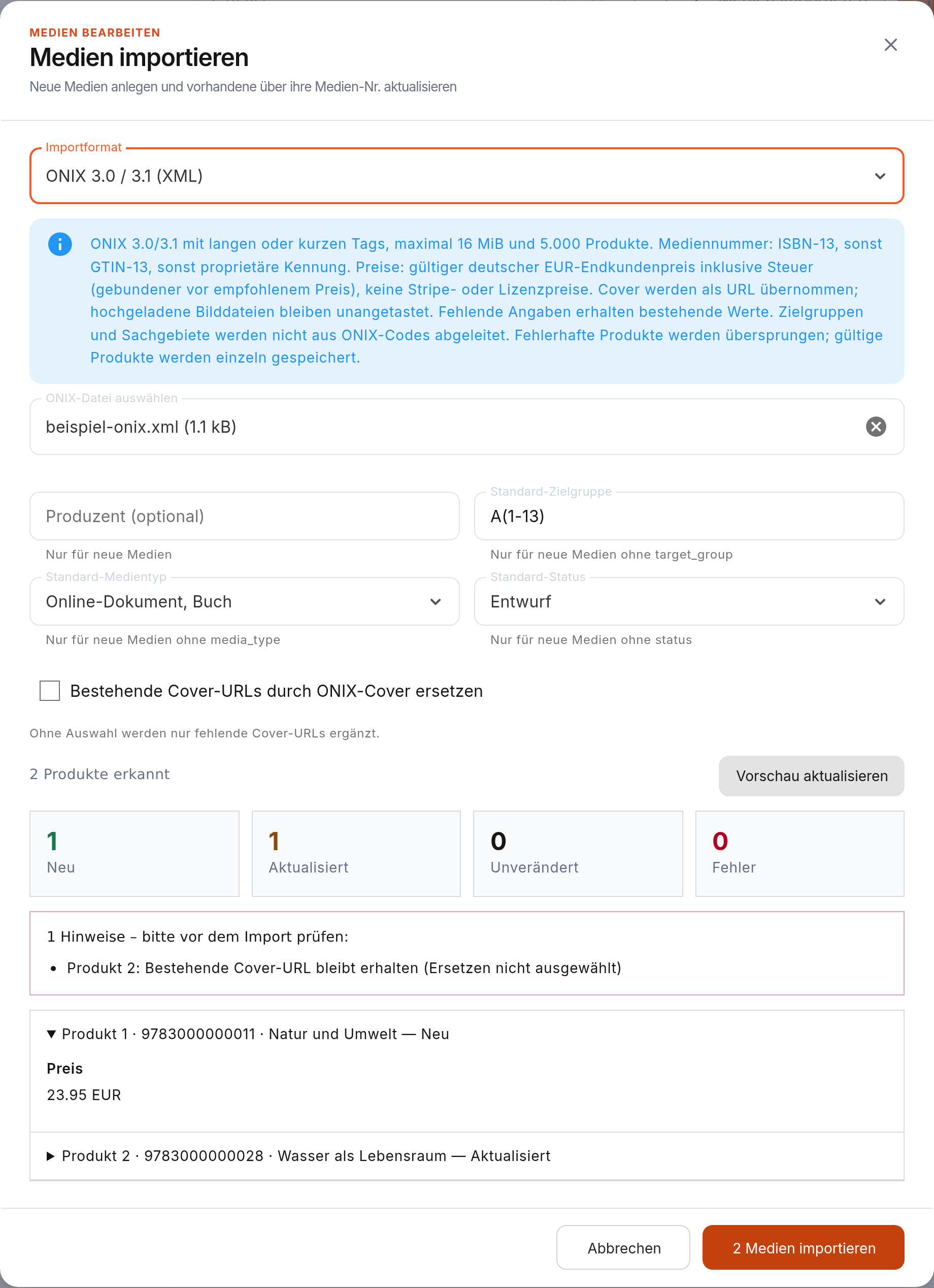 ONIX-Import mit Cover-Option, Vorschau und Feldänderungen