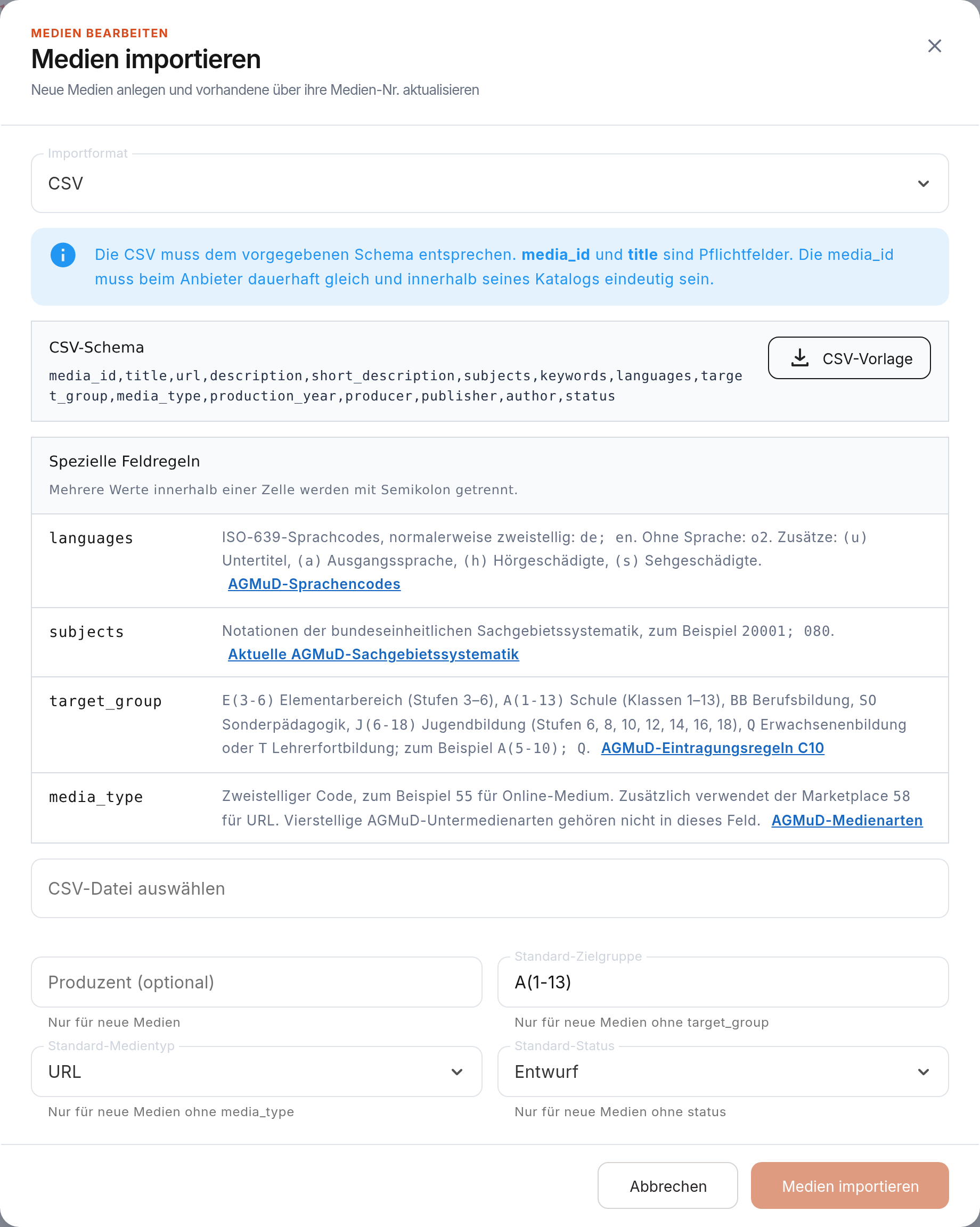 Importdialog im Format CSV mit Schema, Feldregeln und Standardwerten