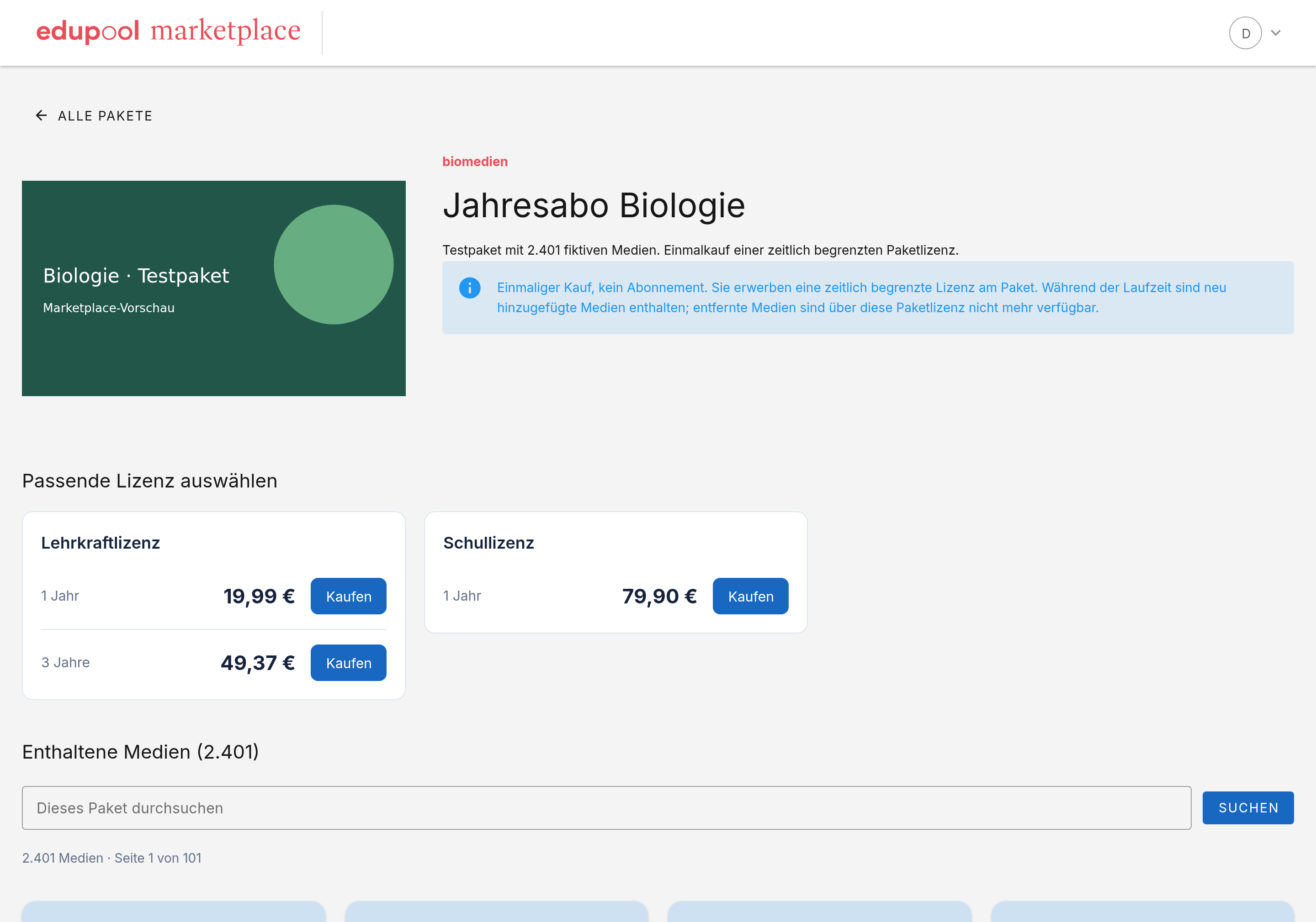 Screenshot der Paketdetailseite mit Hinweis auf Einmalzahlung, Lehrkraft- und Schullizenz sowie Kaufen-Schaltflächen