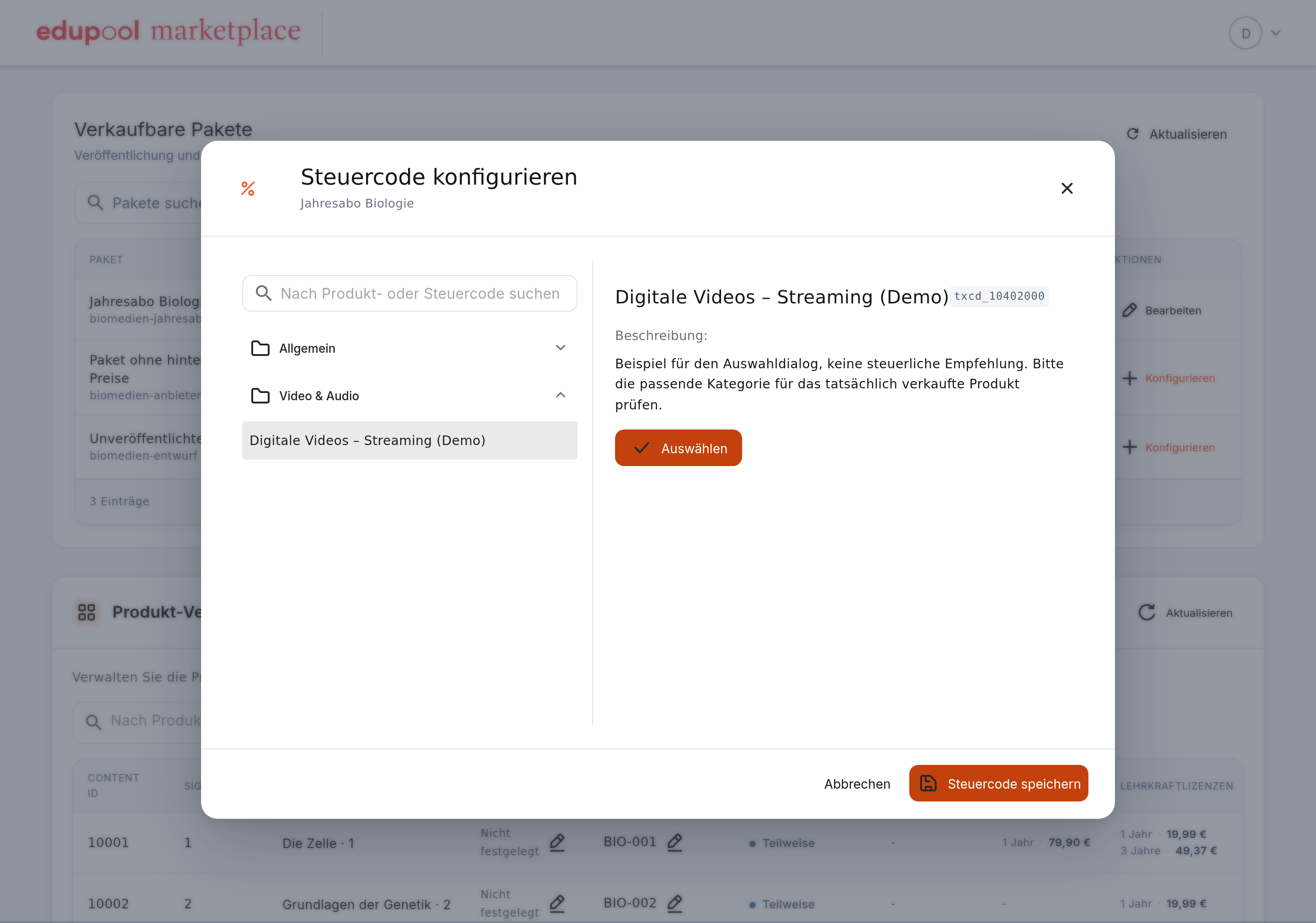 Screenshot des Dialogs Steuercode konfigurieren mit Kategorien, Beschreibung, Auswählen und Steuercode speichern