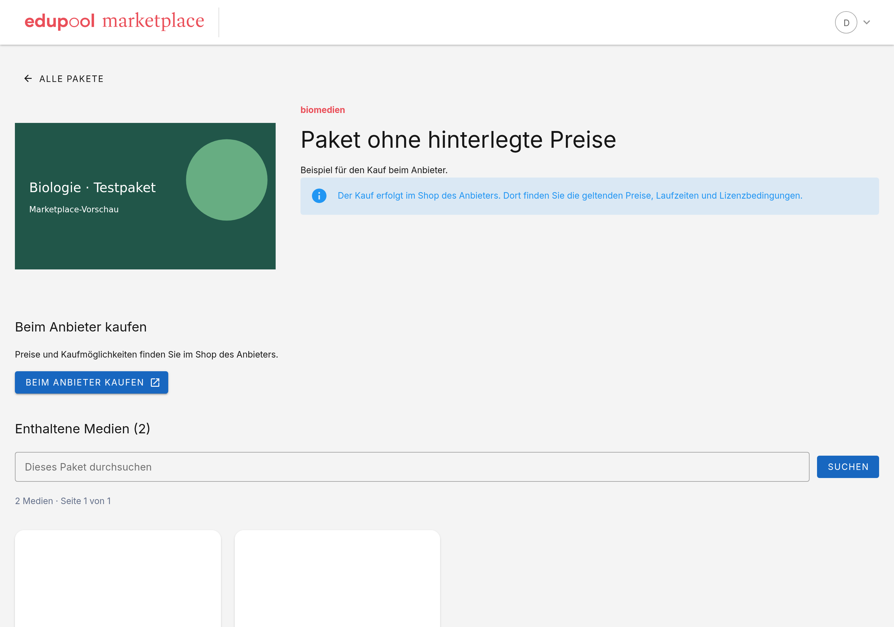Screenshot eines Pakets ohne Preise mit Hinweis auf den Anbieter-Shop und Beim Anbieter kaufen