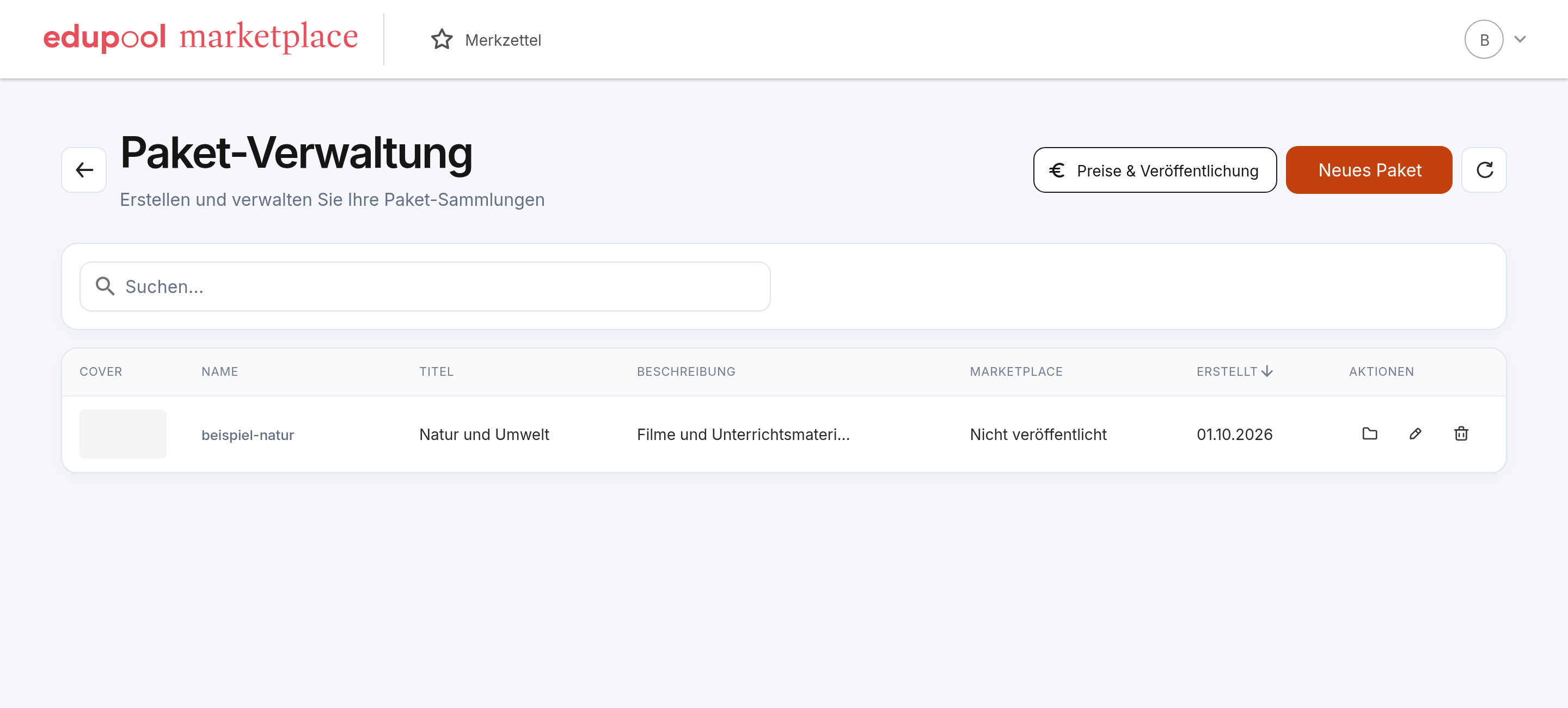 Screenshot der Paketverwaltung mit Marketplace-Spalte und Status Nicht veröffentlicht
