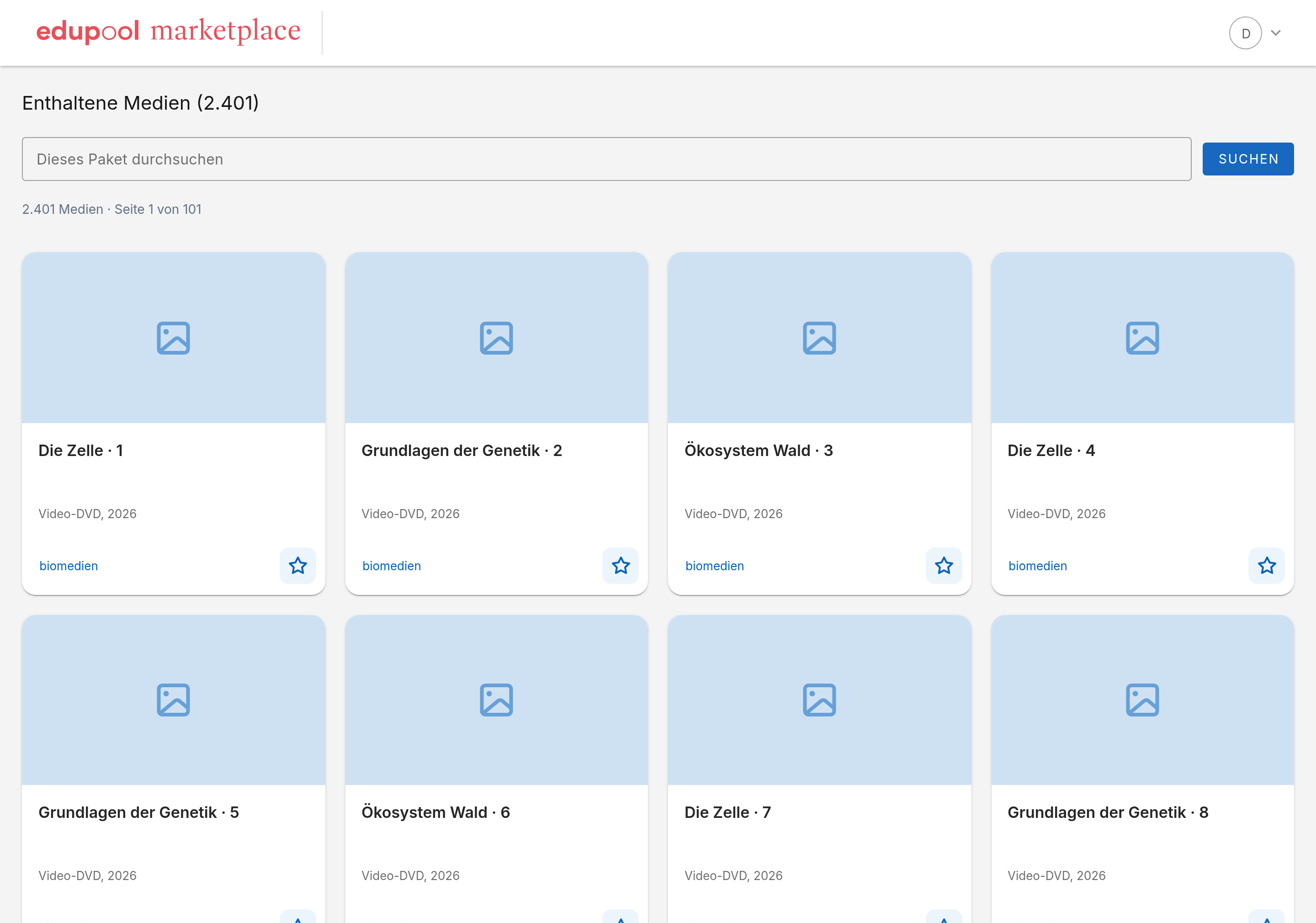 Screenshot von Enthaltene Medien mit der Beispielanzahl 2.401, Suchfeld und Medienkacheln