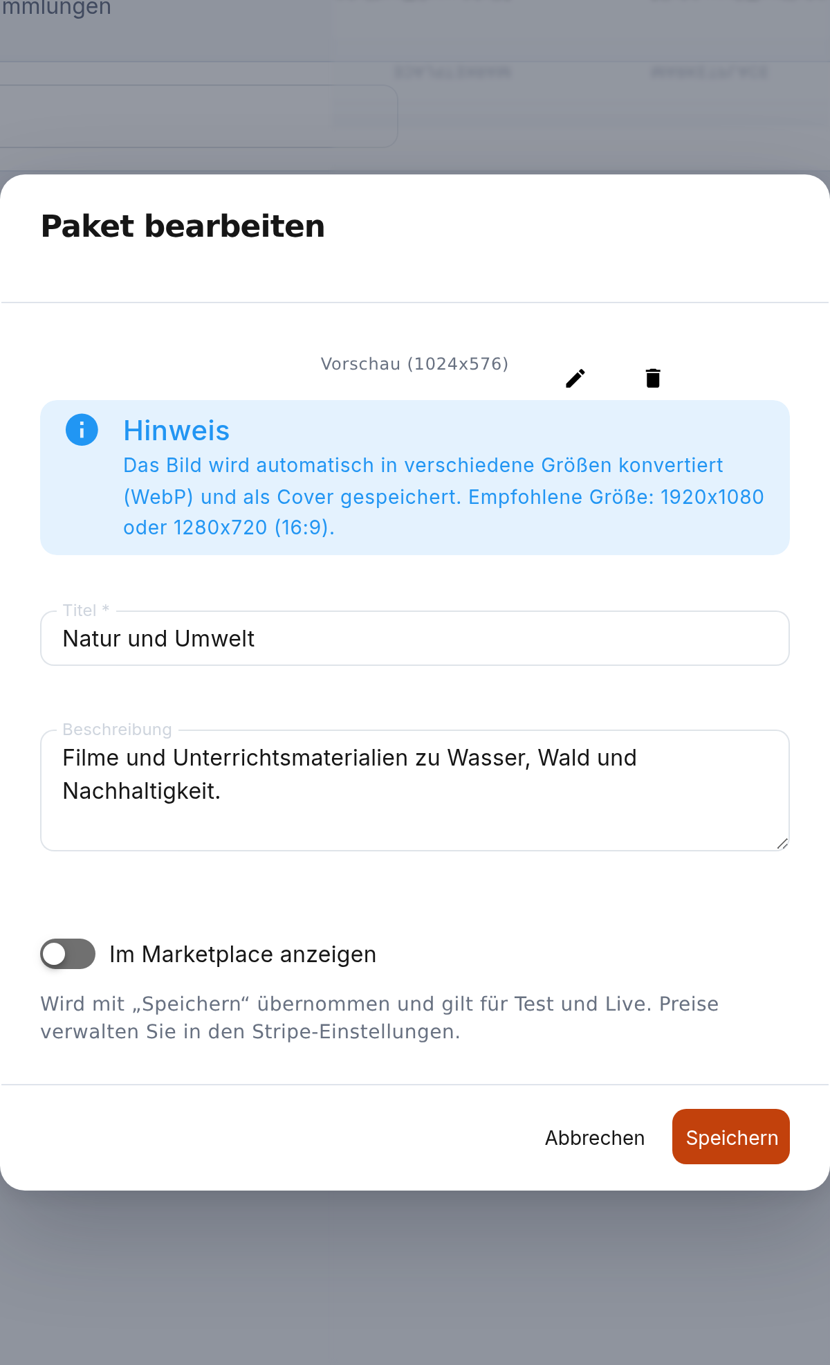 Paket bearbeiten: Titel, Beschreibung und Marketplace-Sichtbarkeit