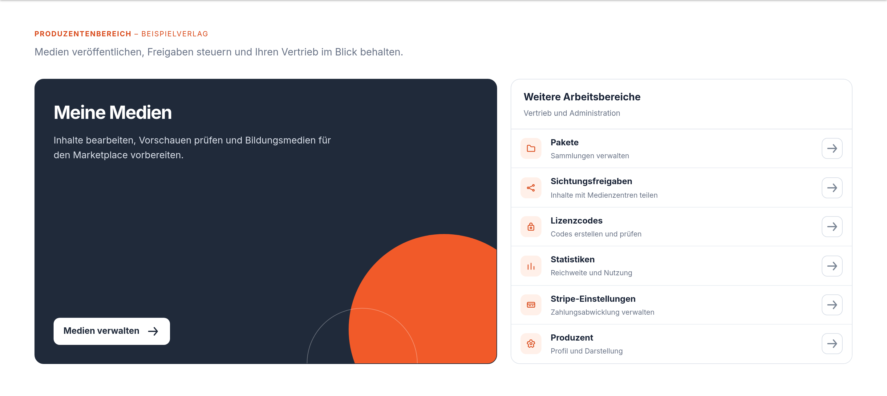 Produzenten-Startseite mit den Verwaltungsbereichen