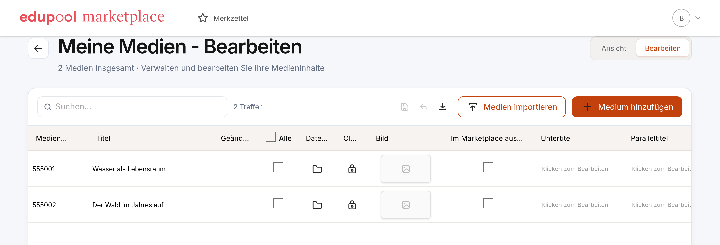 Bearbeitungsansicht mit Medienimport und Tabellenaktionen