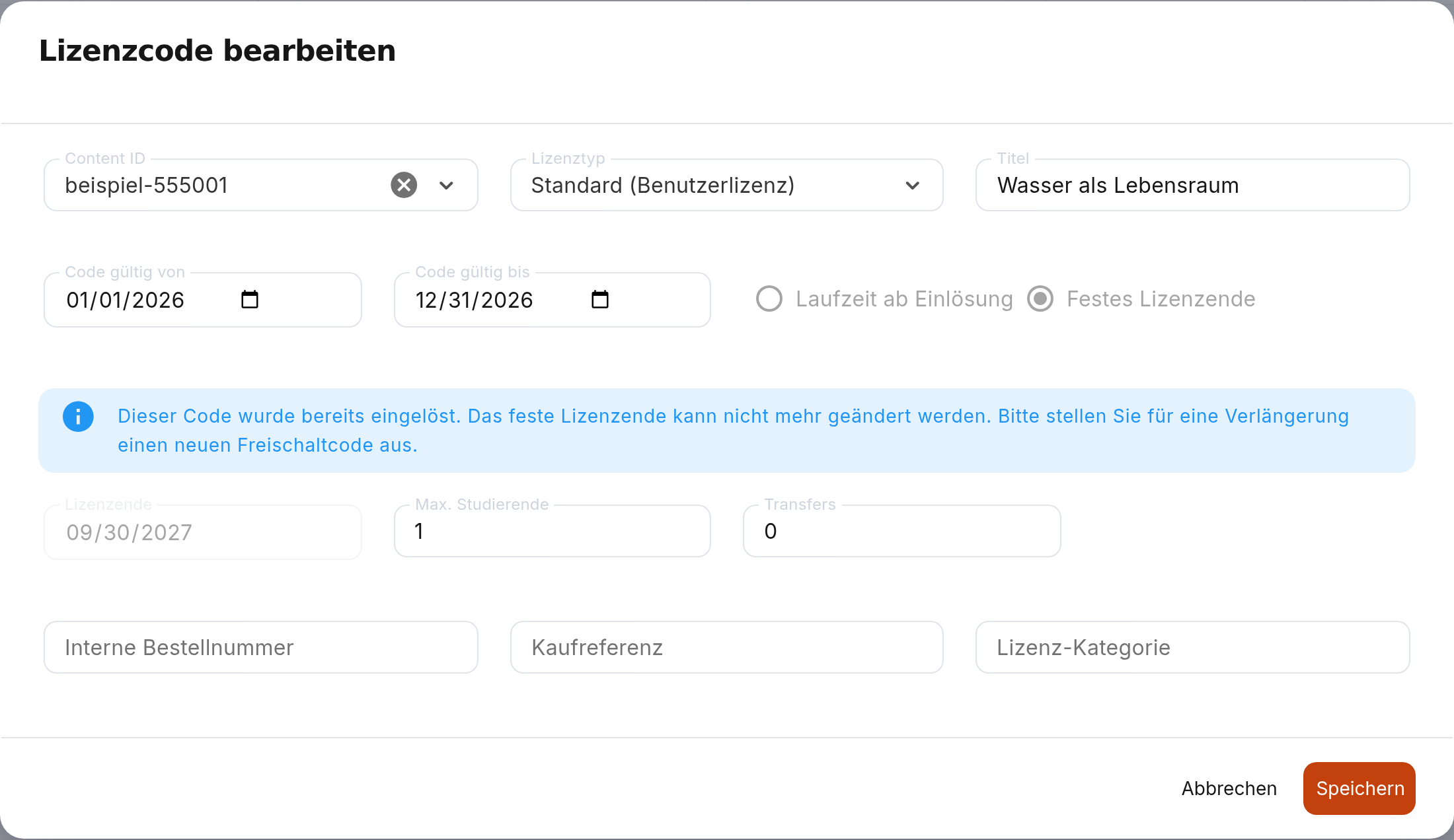 Bereits eingelöster Code mit gesperrtem festem Lizenzende